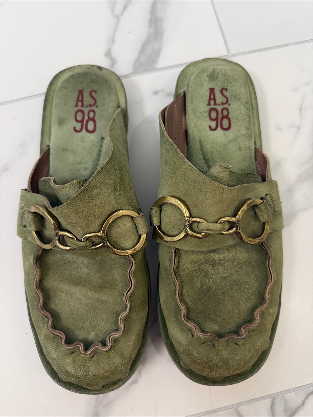 A.S.98 Olive Green Leather Mules with Gold Chain Accent